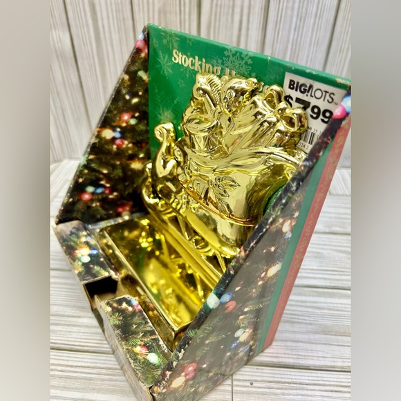 Christmas Stocking Holder Santas Sleigh Presents Shiny Gold Tone 6" New Damage - Picture 4 of 7